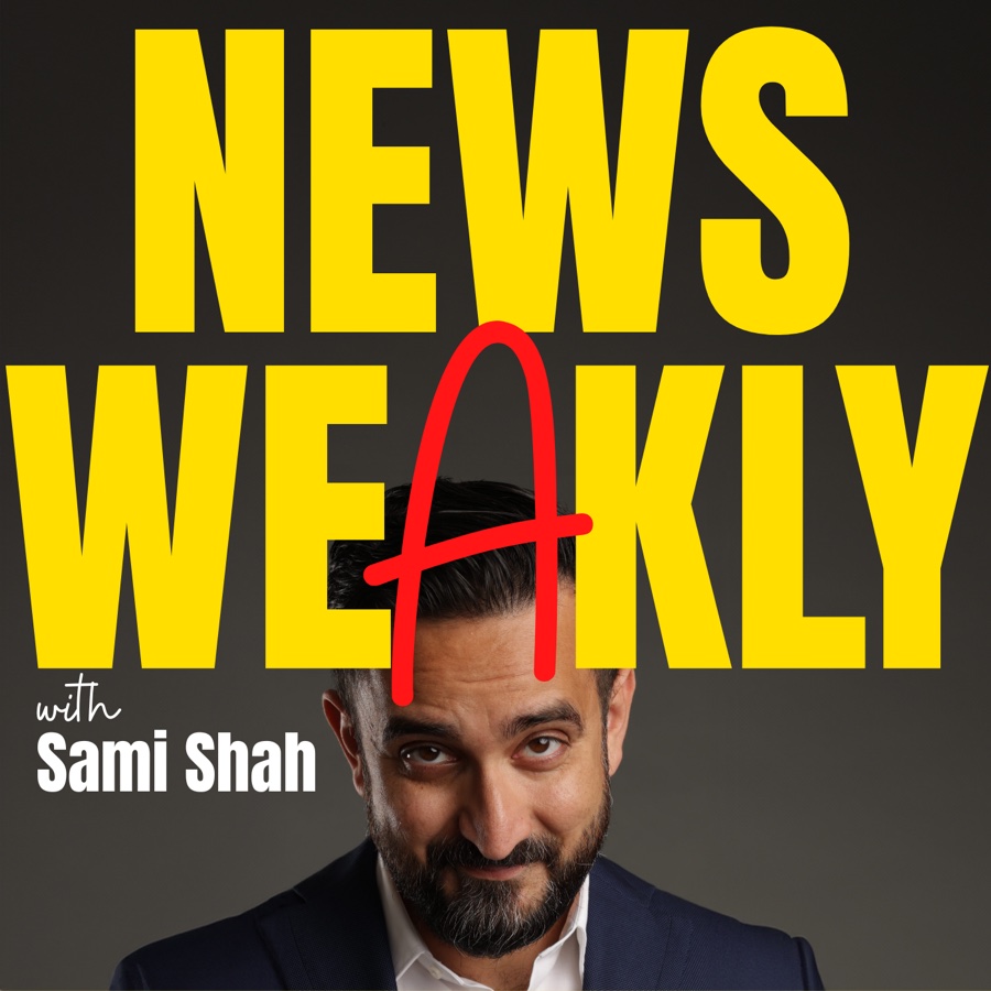 News Weakly with Sami Shah: yellow lettering, a red handwritten A and Sami’s portrait